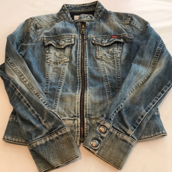 stand collar zip up denim jacket